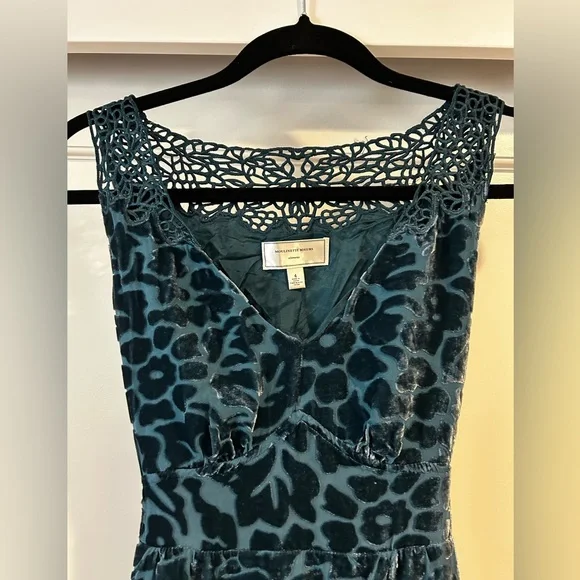 🦚EUC Anthropologie Moulinette Soeurs Silk Blend Burnout Velvet Teal Dress Size 4 - Picture 5 of 9